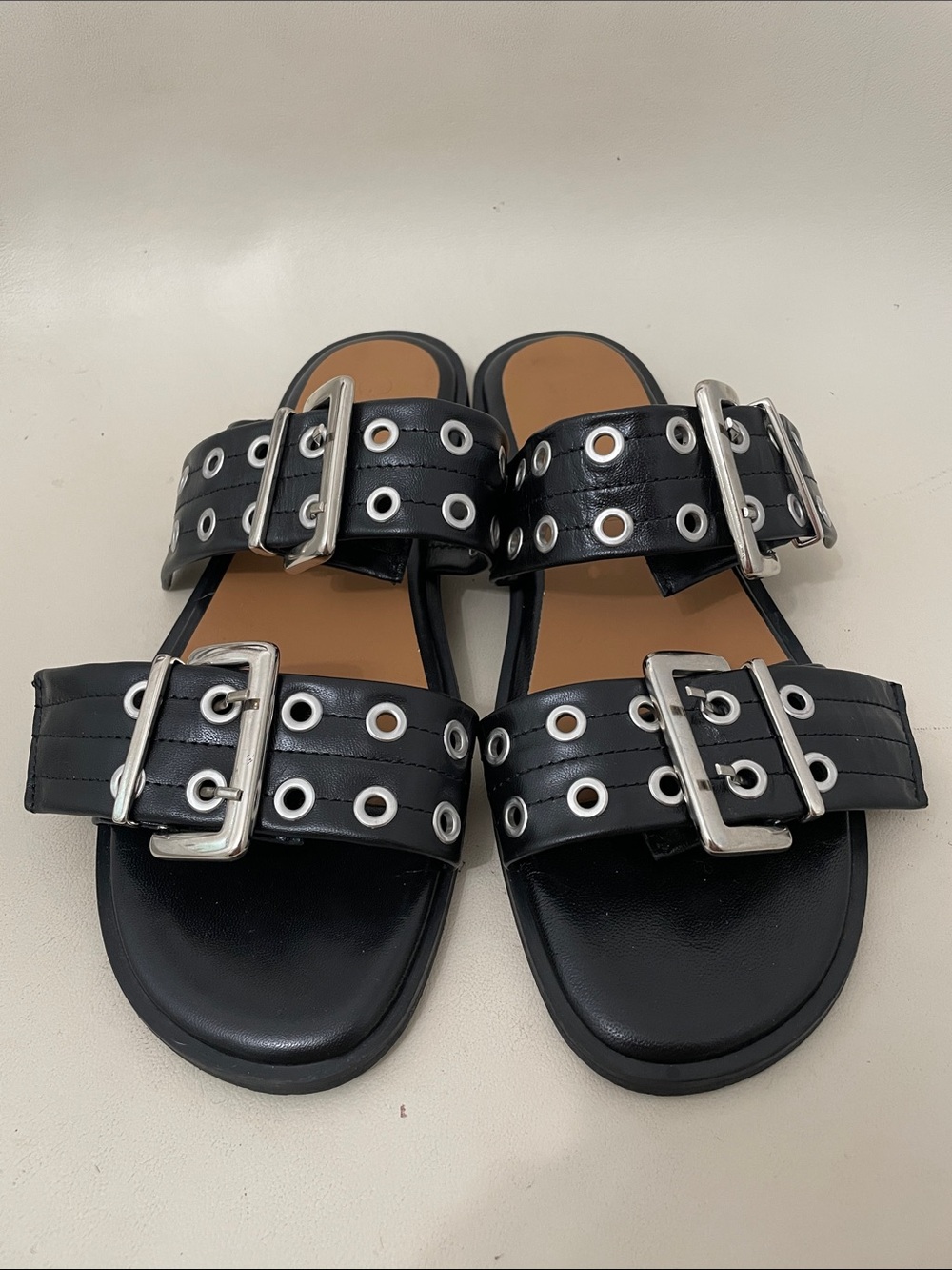 Women's Black  Feminine Double-Buckle two strap Eyelet Slide Sandals